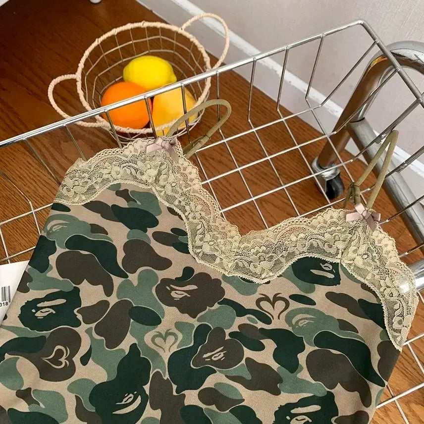 [BUNJANG] Y2K Camouflage Lace Crop Top / 밀리터리나시 레이스나시 y2k 카모나시 밀리터리룩 페스티벌룩 갸루 크롭탑
