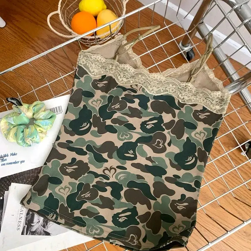 [BUNJANG] Y2K Camouflage Lace Crop Top / 밀리터리나시 레이스나시 y2k 카모나시 밀리터리룩 페스티벌룩 갸루 크롭탑