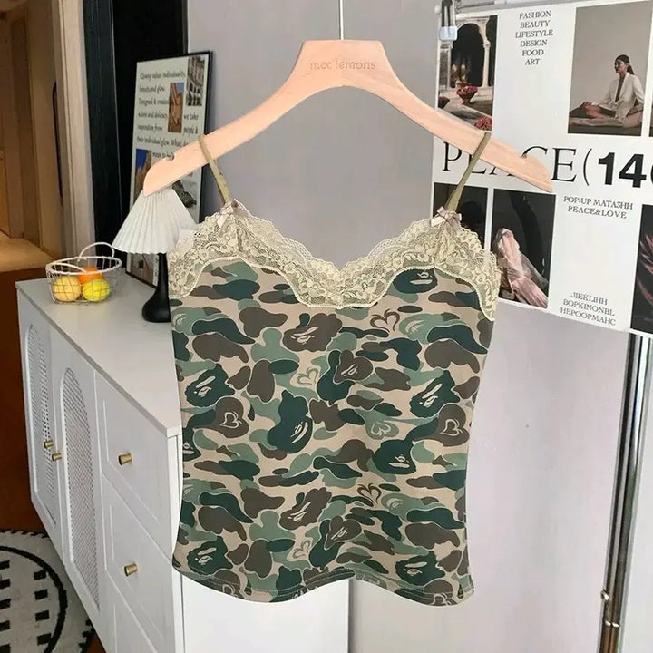 [BUNJANG] Y2K Camouflage Lace Crop Top / 밀리터리나시 레이스나시 y2k 카모나시 밀리터리룩 페스티벌룩 갸루 크롭탑