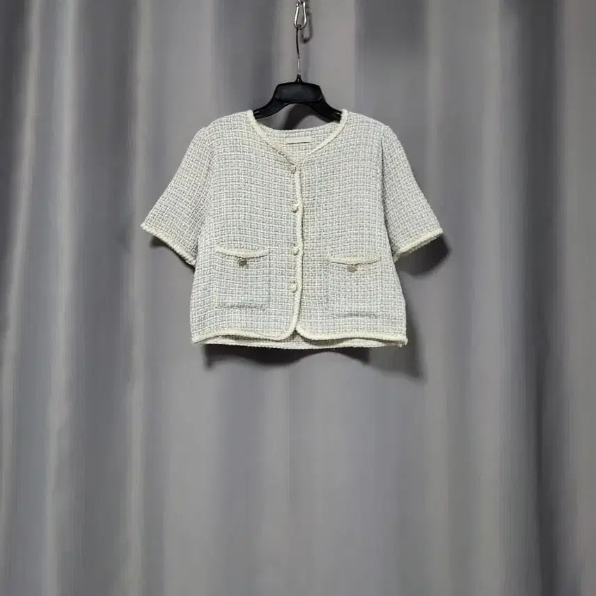 [BUNJANG] Tweed Short-Sleeve Jacket (Blue + Beige Check) / 트위드 반팔 자켓 (블루 +베이지 체크)