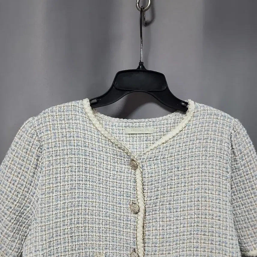 [BUNJANG] Tweed Short-Sleeve Jacket (Blue + Beige Check) / 트위드 반팔 자켓 (블루 +베이지 체크)