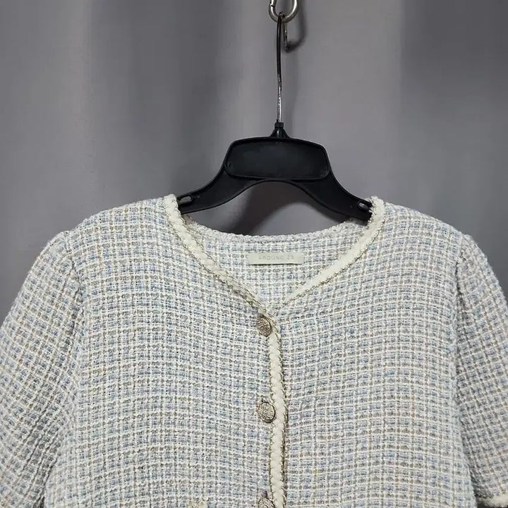 [BUNJANG] Tweed Short-Sleeve Jacket (Blue + Beige Check) / 트위드 반팔 자켓 (블루 +베이지 체크)