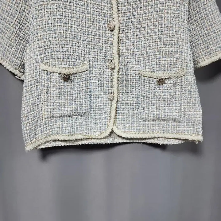 [BUNJANG] Tweed Short-Sleeve Jacket (Blue + Beige Check) / 트위드 반팔 자켓 (블루 +베이지 체크)