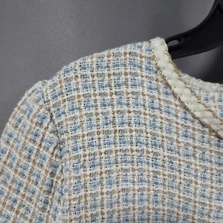 [BUNJANG] Tweed Short-Sleeve Jacket (Blue + Beige Check) / 트위드 반팔 자켓 (블루 +베이지 체크)