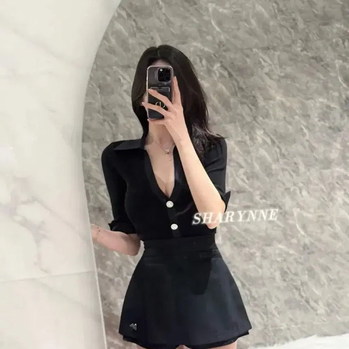 [BUNJANG] Silk Slit Top &amp; High-Quality Skirt Pants Two-Piece Set / 새상품) 실크 트임티 + 하이퀄리티 치마바지 투피스세트
