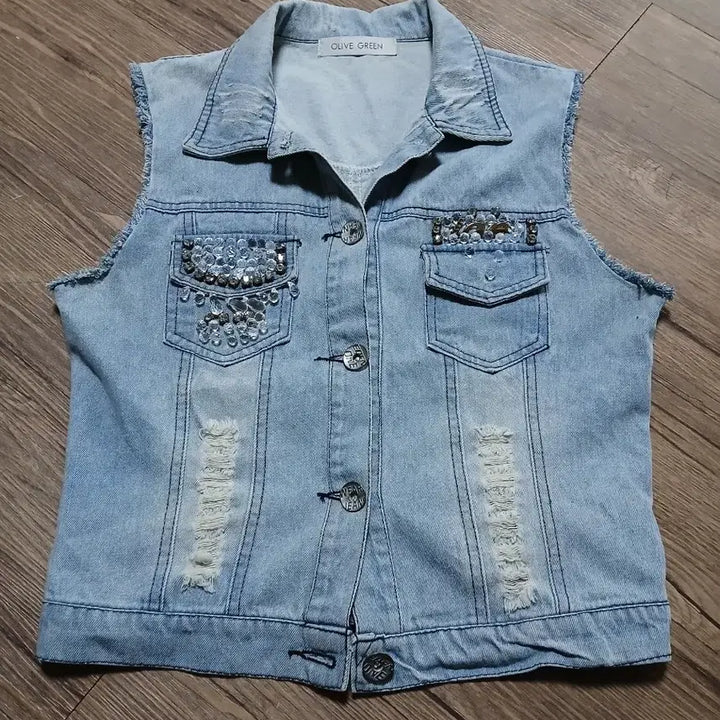[BUNJANG] Olive Green Denim Vest with Bead Embellishments / OLIVE GREEN 데님 청조끼 비즈 장식팝니다.
