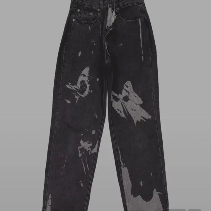 [BUNJANG] Nasty Fancy Club Butterfly Bleach Custom Wide Denim Pants / 나비 블리치 커스텀 무드 흑청 와이드 데님 팬츠