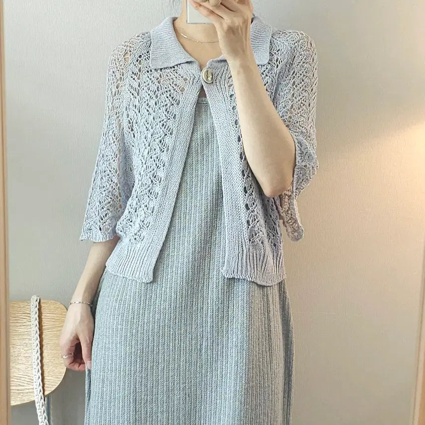 [BUNJANG] (F)여성 원버튼 카라 반팔 가디건 니트 크로셰 L1W3024 / (F)여성 원버튼 카라 반팔 가디건 니트 크로셰 L1W3024