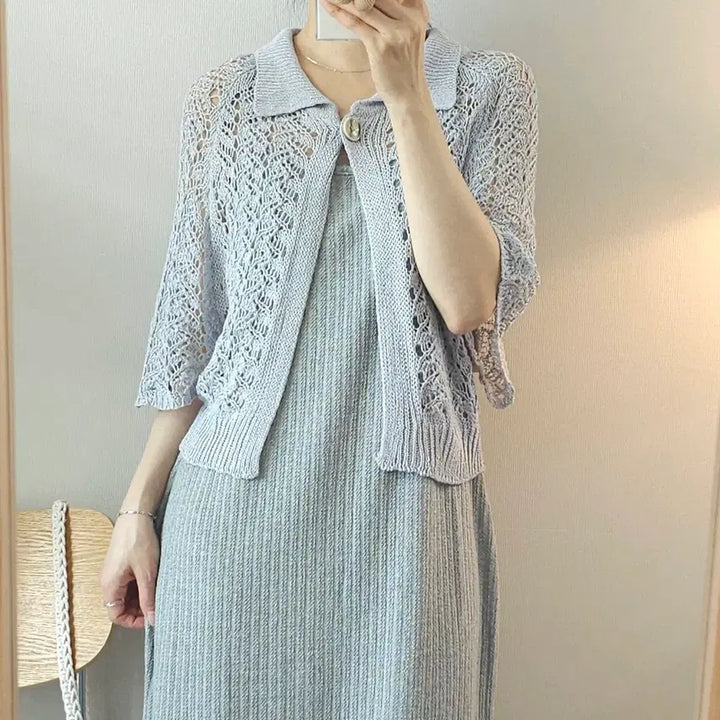 [BUNJANG] (F)여성 원버튼 카라 반팔 가디건 니트 크로셰 L1W3024 / (F)여성 원버튼 카라 반팔 가디건 니트 크로셰 L1W3024