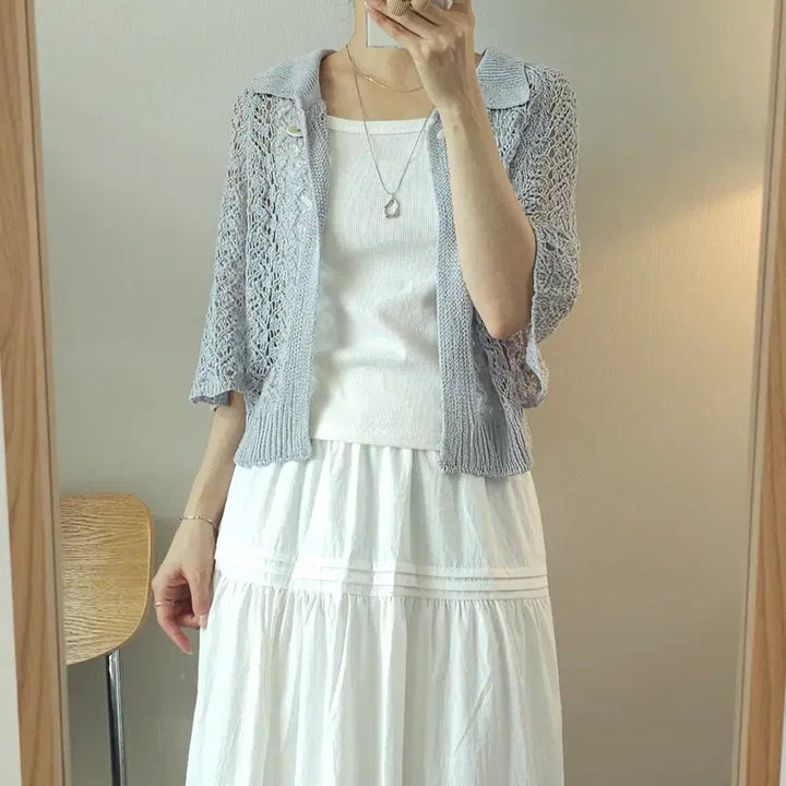 [BUNJANG] (F)여성 원버튼 카라 반팔 가디건 니트 크로셰 L1W3024 / (F)여성 원버튼 카라 반팔 가디건 니트 크로셰 L1W3024