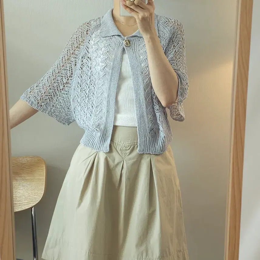 [BUNJANG] (F)여성 원버튼 카라 반팔 가디건 니트 크로셰 L1W3024 / (F)여성 원버튼 카라 반팔 가디건 니트 크로셰 L1W3024