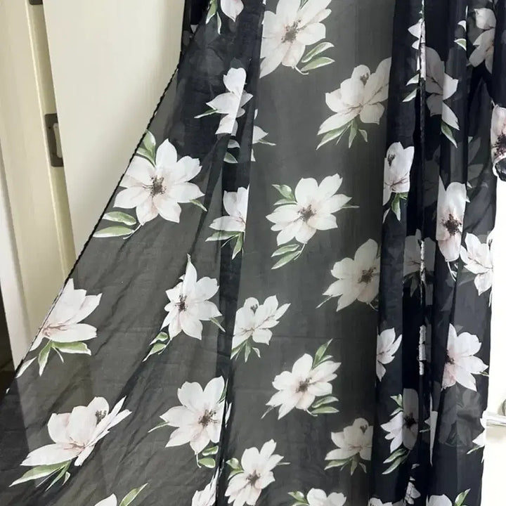 [BUNJANG] Flower Chiffon Black Long Robe Cardigan / 플라워 시폰 블랙 롱 로브 가디건