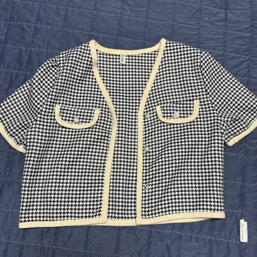 [BUNJANG] Houndstooth Pattern Short Sleeve Cardigan / 하운드투스 패턴 반팔 가디건