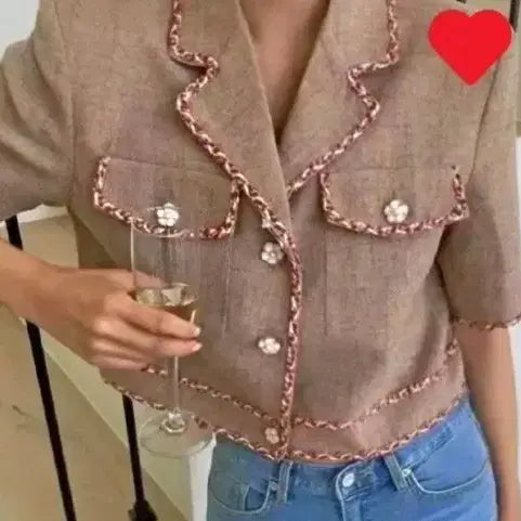[BUNJANG] Brown Tweed Short-Sleeve Jacket with Flower Button Detail / 브라운 트위드  꽃단추 포인트 반팔 자켓