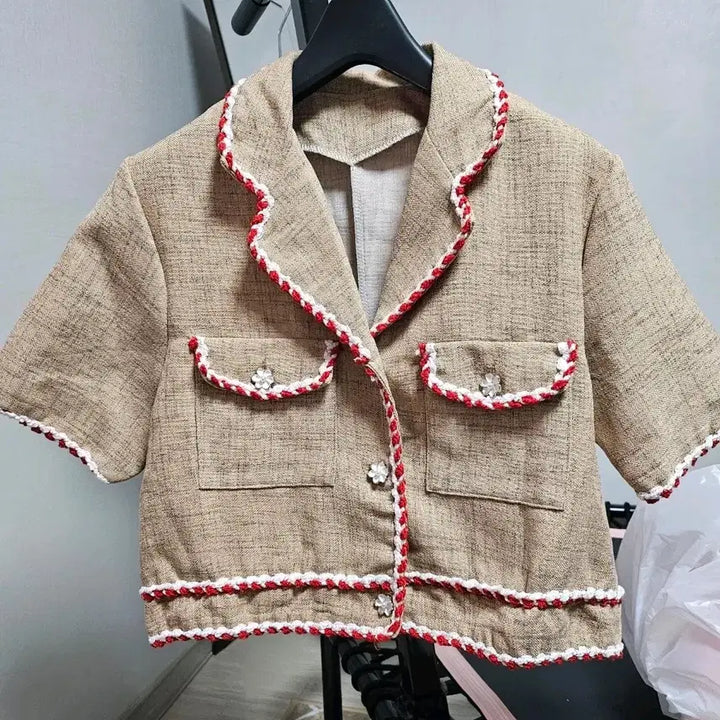 [BUNJANG] Brown Tweed Short-Sleeve Jacket with Flower Button Detail / 브라운 트위드  꽃단추 포인트 반팔 자켓