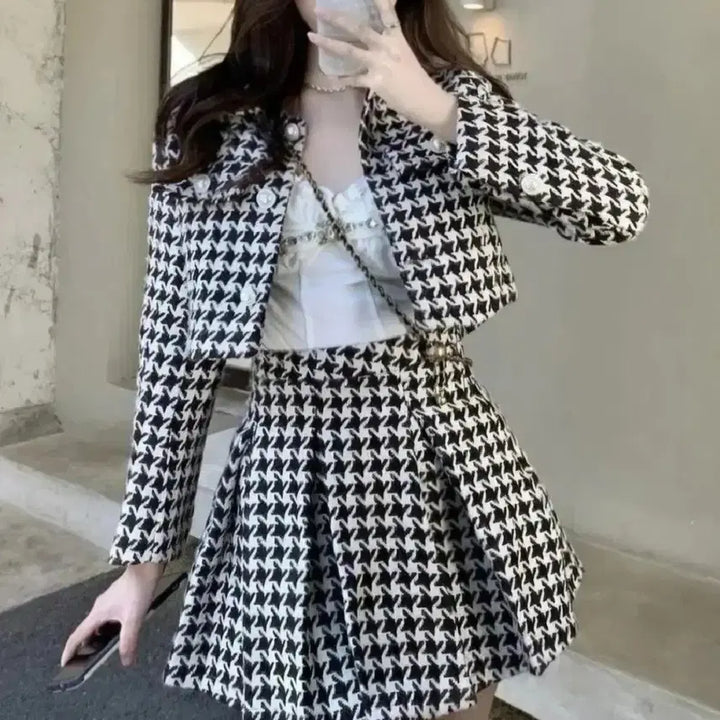 [BUNJANG] Houndstooth Check Jacket + Skirt Set / 하운드투스 체크 자켓 + 스커트 셋업