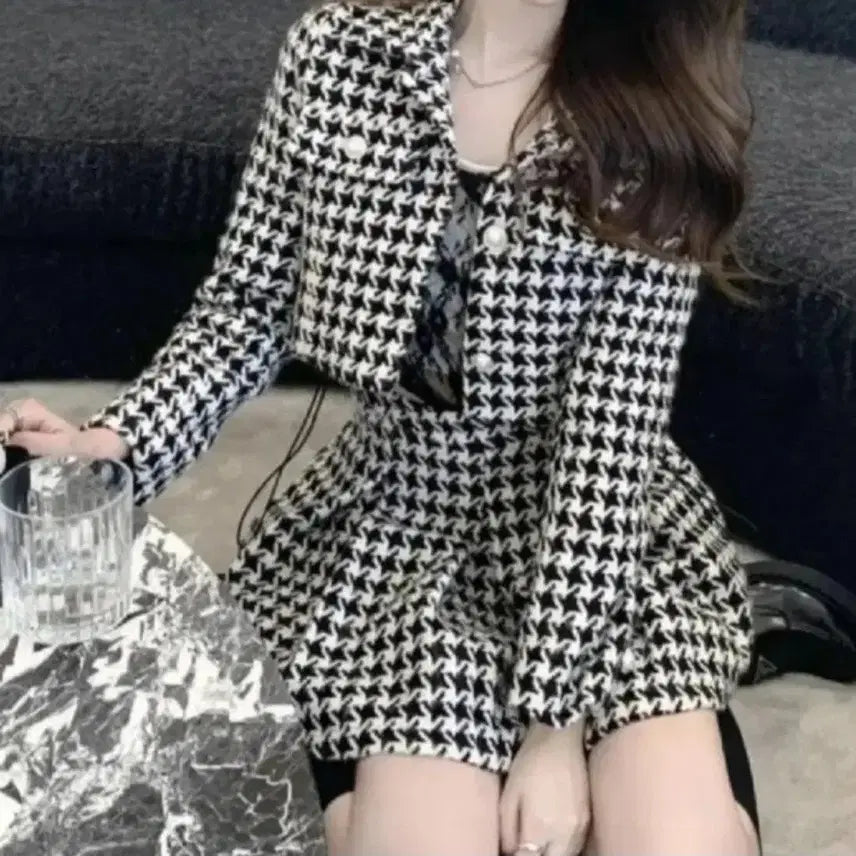 [BUNJANG] Houndstooth Check Jacket + Skirt Set / 하운드투스 체크 자켓 + 스커트 셋업