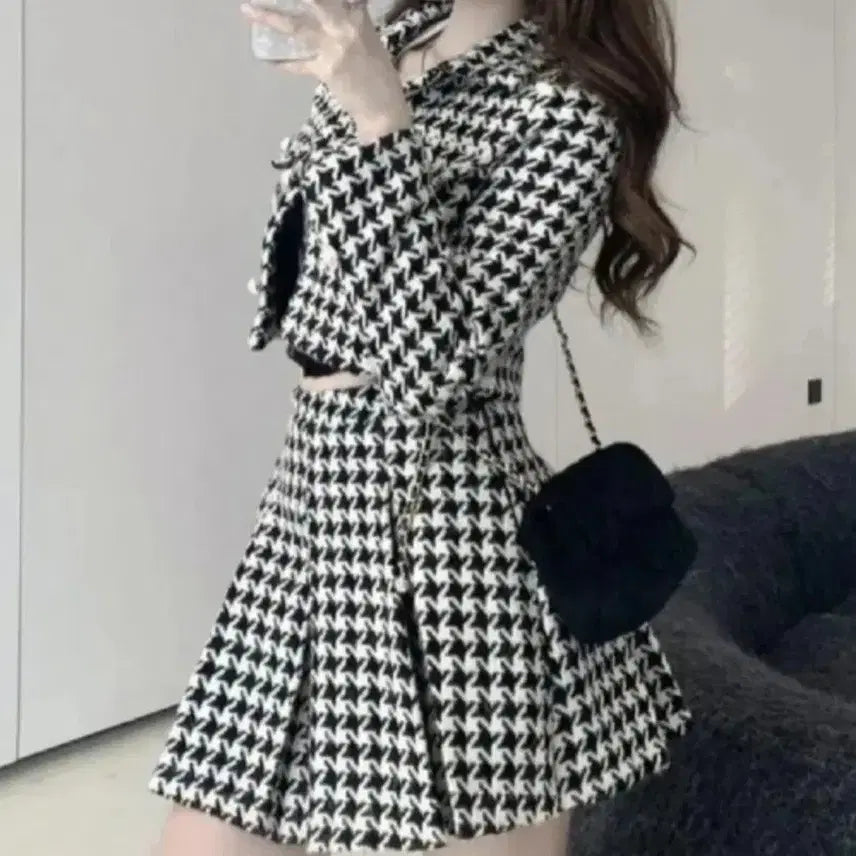 [BUNJANG] Houndstooth Check Jacket + Skirt Set / 하운드투스 체크 자켓 + 스커트 셋업