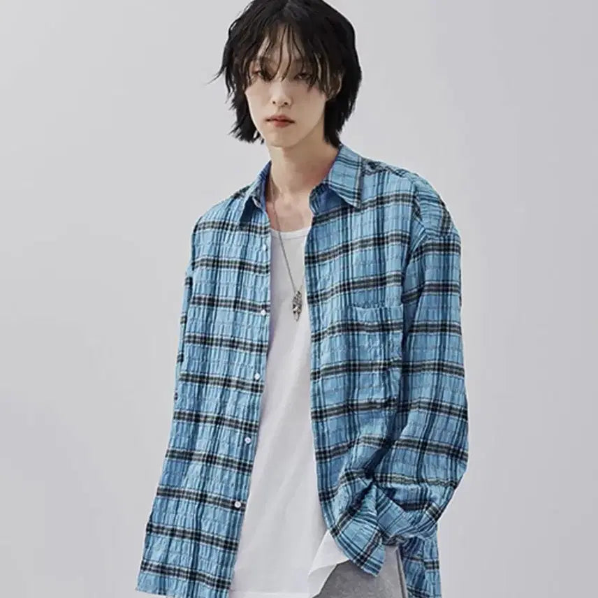 [BUNJANG] Meme The Wardrobe Blue Check Long Sleeve Shirt / 밈더워드로브 블루 체크 셔츠 남방 긴팔 3사이즈