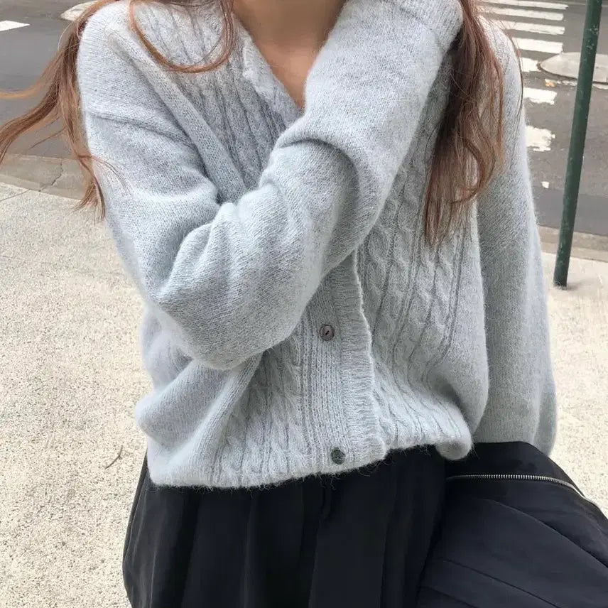 [BUNJANG] Overtake Morning Cable Knit Cardigan - Sora Gray / 새상품)오버테이크 모닝 꽈배기 가디건 소라그레이 판매
