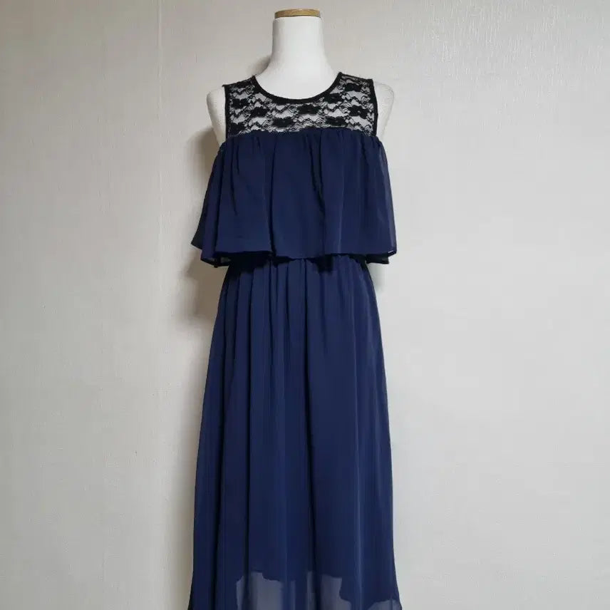 [BUNJANG] Off-the-Shoulder Chiffon Navy Long Dress / L20오프숄더 쉬폰네이비롱원피스