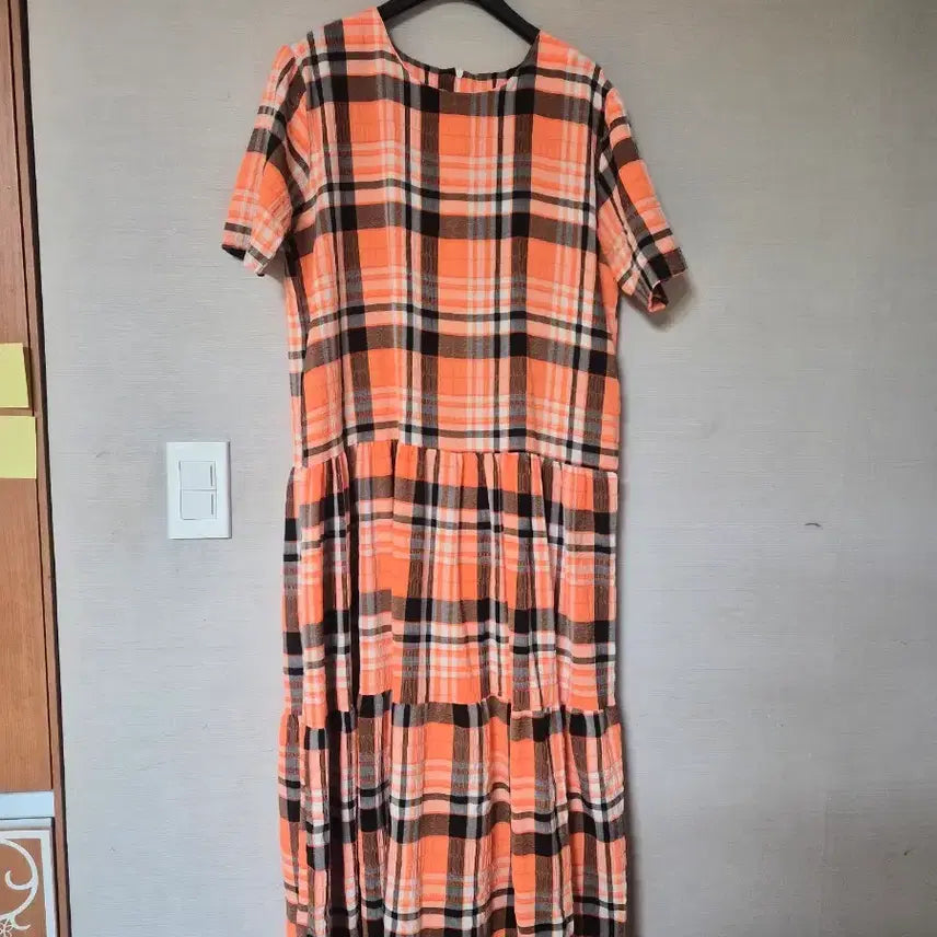 [BUNJANG] Orange Check Tiered Long Dress / 오렌지 체크 캉캉 롱 원피스
