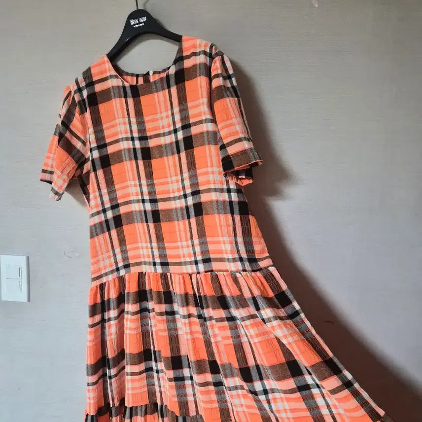 [BUNJANG] Orange Check Tiered Long Dress / 오렌지 체크 캉캉 롱 원피스