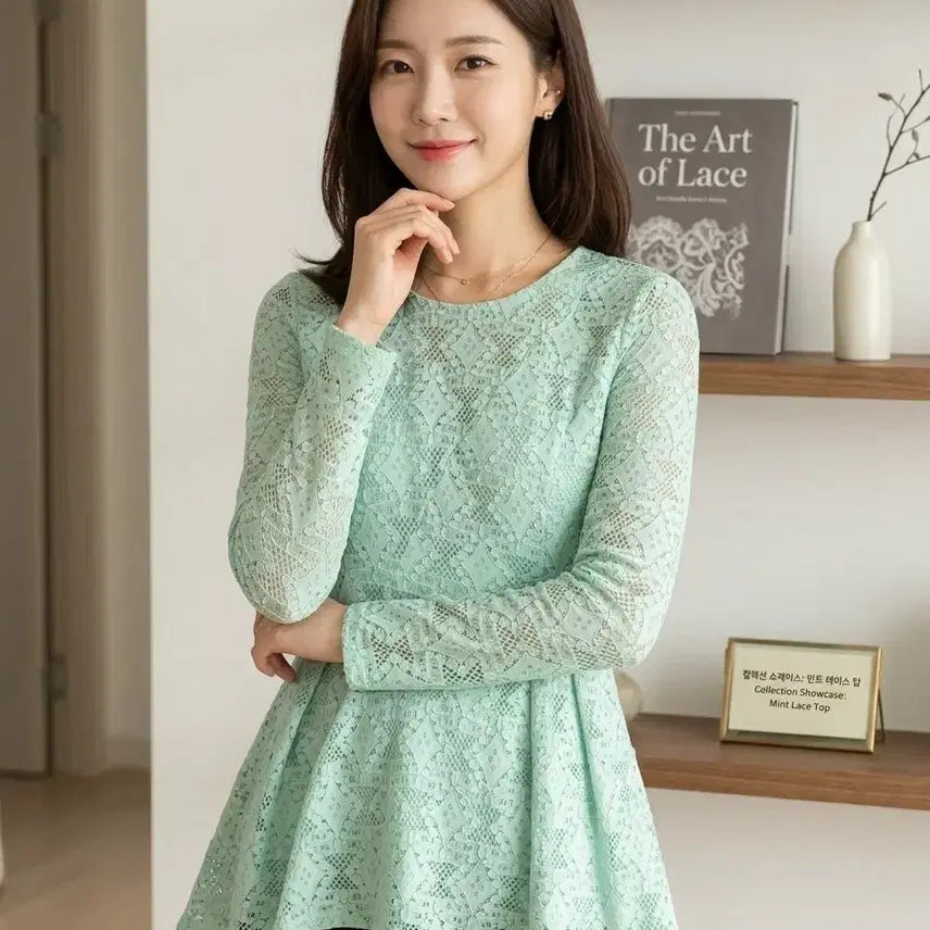 [BUNJANG] Besti Velli Mint Lace Long Sleeve Blouse (Size 55) / [새상품]베스티벨리  민트 레이스 긴팔 블라우스 55