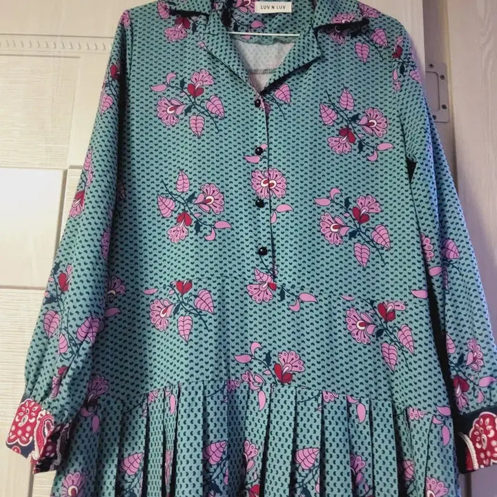 [BUNJANG] Floral Shirred Long Dress / 셔츠형 셔링 롱원피스
