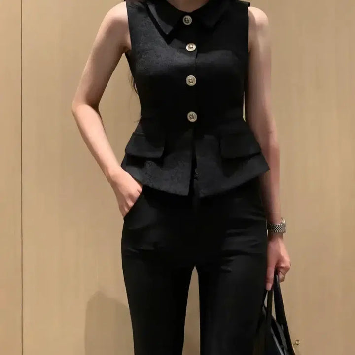[BUNJANG] KARA Gold Button Tweed Vest Jacket (S) / 카라 금장 베스트 자켓 s