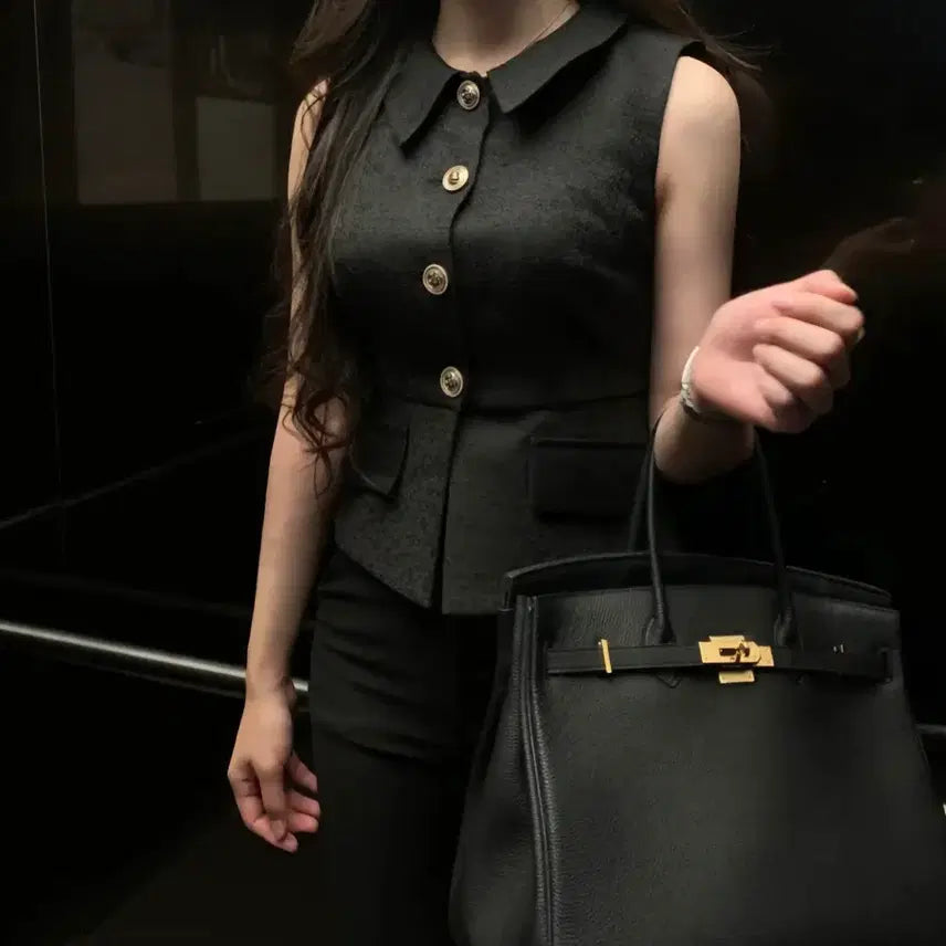 [BUNJANG] KARA Gold Button Tweed Vest Jacket (S) / 카라 금장 베스트 자켓 s