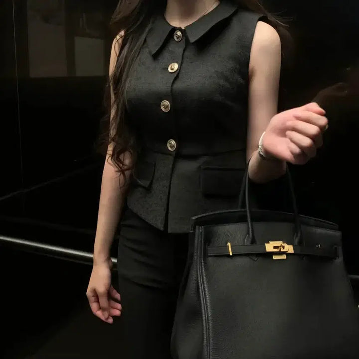 [BUNJANG] KARA Gold Button Tweed Vest Jacket (S) / 카라 금장 베스트 자켓 s