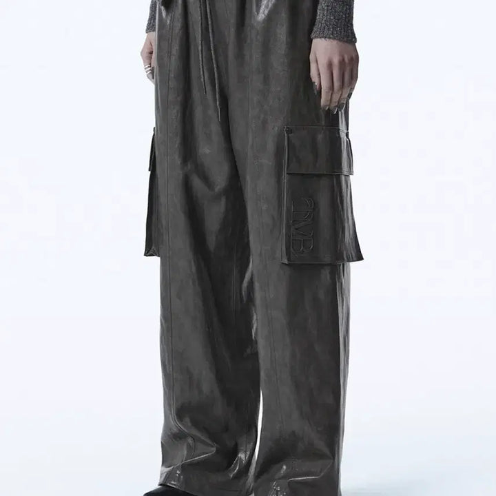 [BUNJANG] Trimming Bird Leather Cargo Pants - Charcoal / 트리밍버드 레더 카고 팬츠 -차콜