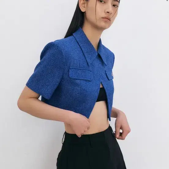 [BUNJANG] SITYBREEZE Tweed Crop Short Sleeve Jacket / 시티브리즈 트위드 크롭 반팔 자켓_BLUE