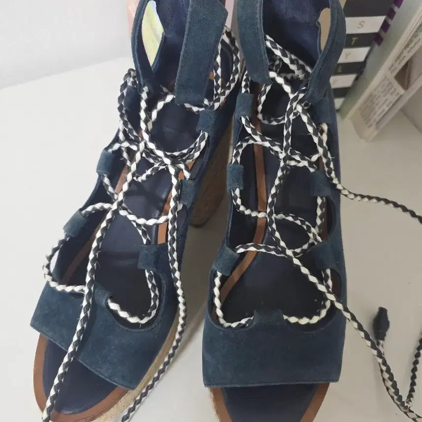 [BUNJANG] Tory Burch Espadrille Wedge Sandals Blue US 7 / 토리버치 에스파드류 웨지 샌들 블루 240 (US7) 10cm