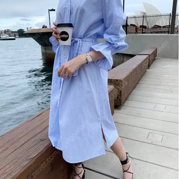 [BUNJANG] orr Ribbon Cuff Stripe Midi Dress / 오르 orr 리본커프스 스트라이프 원피스