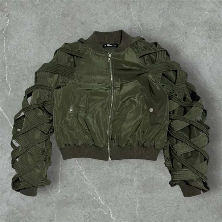 [BUNJANG] JS New York Khaki Bomber Jacket / JS뉴욕 카키색 끈 장식 봄버 자켓
