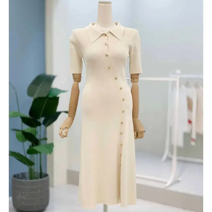 [SOLD OUT] 23만원짜리 백화점 로로시크 언발란스 골드버튼 슬림핏 A라인 골지원피스