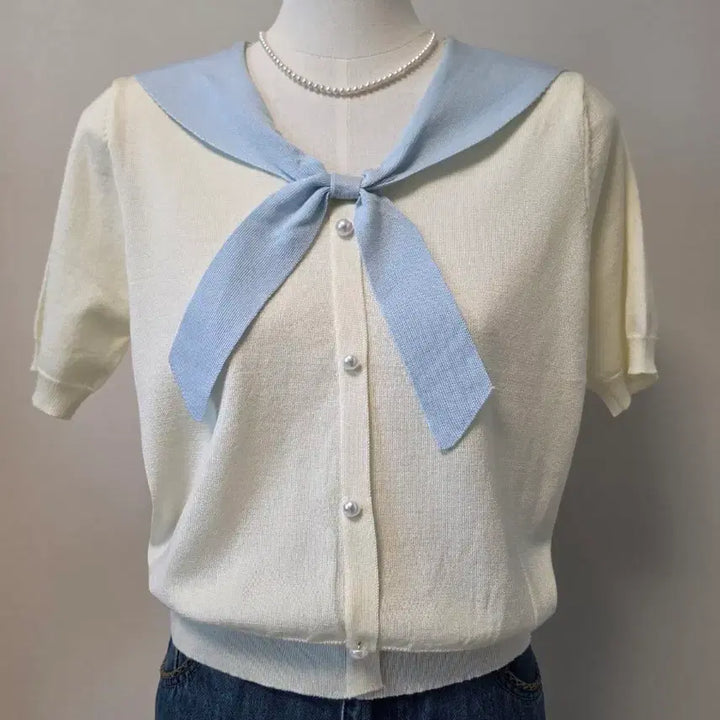 [BUNJANG] Sailor Collar Design Short Sleeve Knit / 세라복 디자인 반팔니트 냉감반팔  라셀니트
