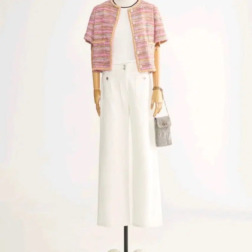 [BUNJANG] TIME Tweed Short-Sleeve Jacket Pink Multi / 타임 트위드 반팔 자켓 핑크 멀티