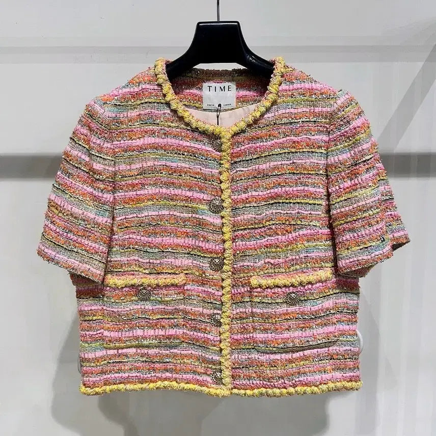 [BUNJANG] TIME Tweed Short-Sleeve Jacket Pink Multi / 타임 트위드 반팔 자켓 핑크 멀티