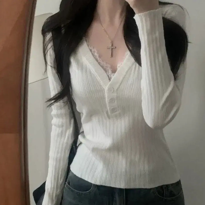 [BUNJANG] 레이스 레이어드 골지 티셔츠 / 레이스 레이어드 골지 티셔츠