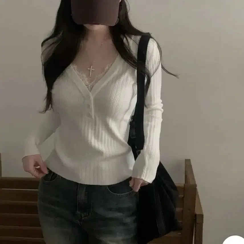 [BUNJANG] 레이스 레이어드 골지 티셔츠 / 레이스 레이어드 골지 티셔츠