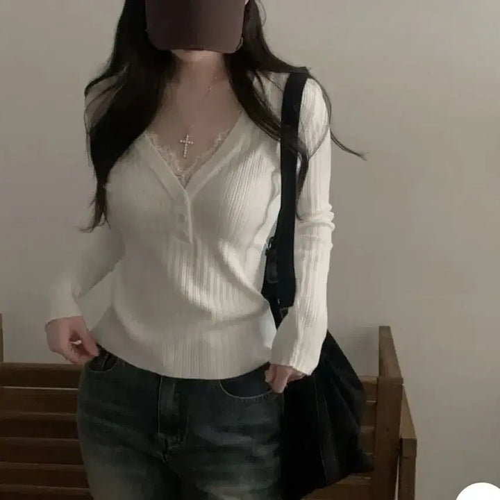 [BUNJANG] 레이스 레이어드 골지 티셔츠 / 레이스 레이어드 골지 티셔츠
