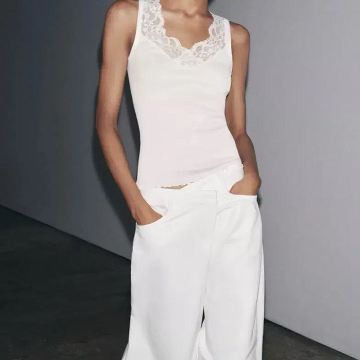 [BUNJANG] Zara Lace Ribbed T-shirt / ZARA 자라 레이스 리브드 티셔츠, 자라 레이스 나시