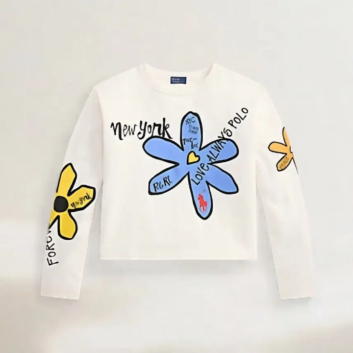 [BUNJANG] Polo Flower Printed Long Sleeve T-Shirt / 폴로 플라워 프린팅 긴팔 티셔츠