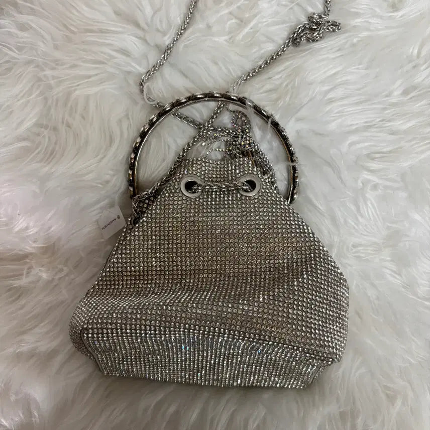 [BUNJANG] Sparkling Cubic Crystal Silver Bucket Bag (Drawstring Bag) / 블링블링 큐빅 크리스탈 실버 버킷백(복조리백)