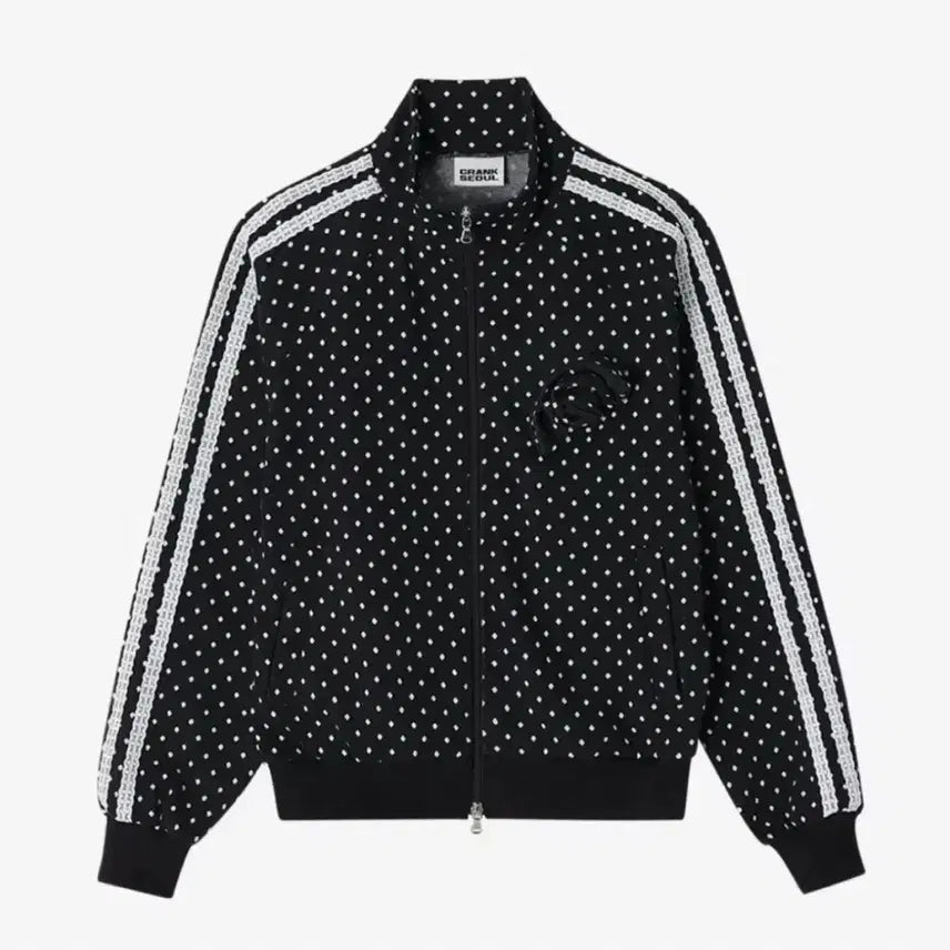 [BUNJANG] Crank Rose Dot Track Jacket Black / 크랭크 로즈 도트 트랙자켓 집업 블랙 장미 코사지