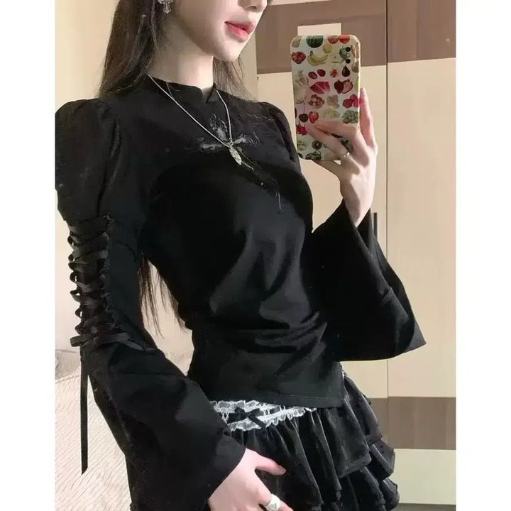 [BUNJANG] Gothic Lace-up Flare Long Sleeve T-shirt / 서브컬처 고딕 레이스업 플레어 롱슬리브 티셔츠