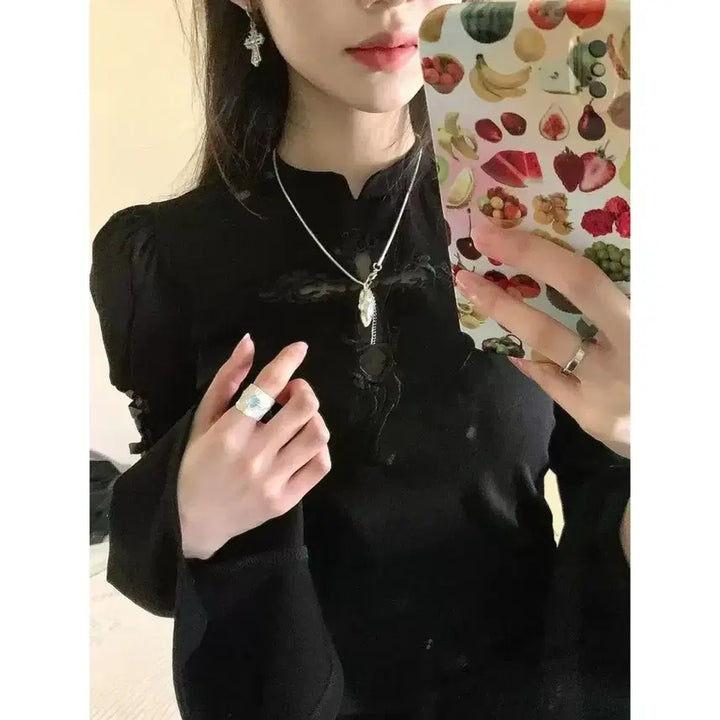 [BUNJANG] Gothic Lace-up Flare Long Sleeve T-shirt / 서브컬처 고딕 레이스업 플레어 롱슬리브 티셔츠